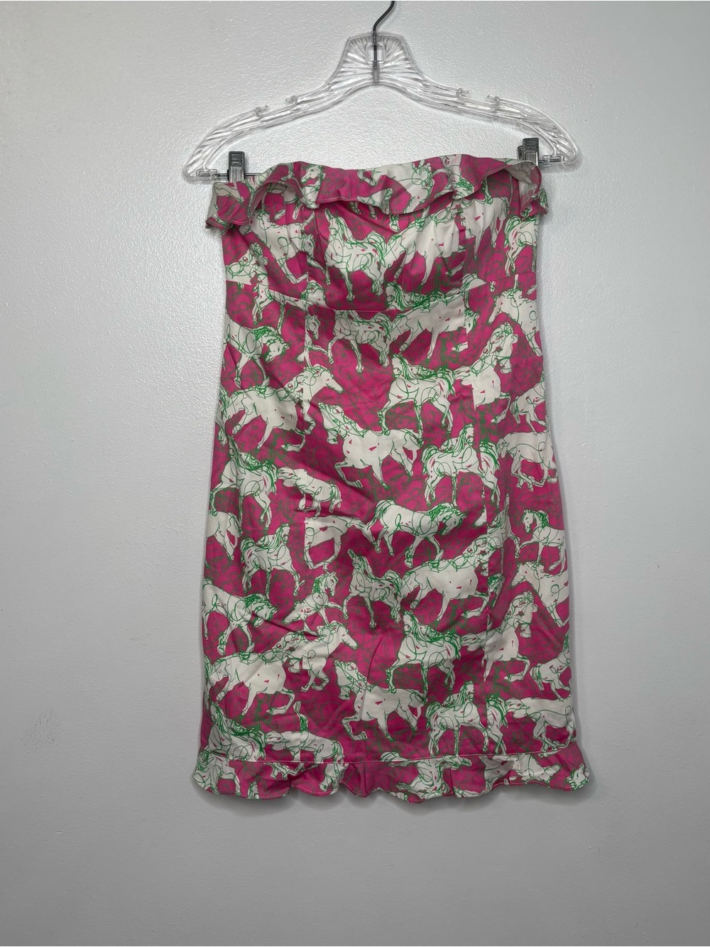 Lilly Pulitzer Hot Pink White Green Strapless Horse-Print Mini Dress